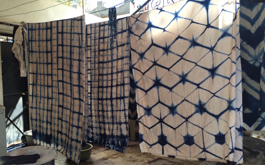 Hand dyed pieces drying in Jabbar Khatri's workshop