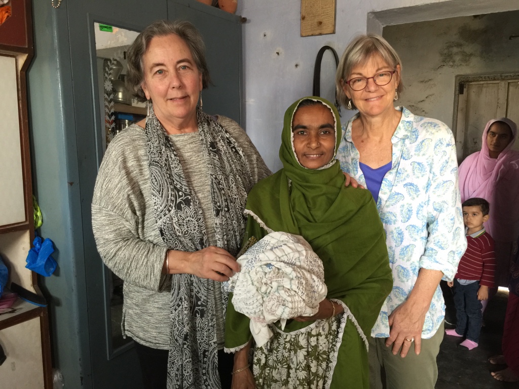 Mary Anne Wise and Jody Slocum meeting a bandhani artisan in Bhuj India