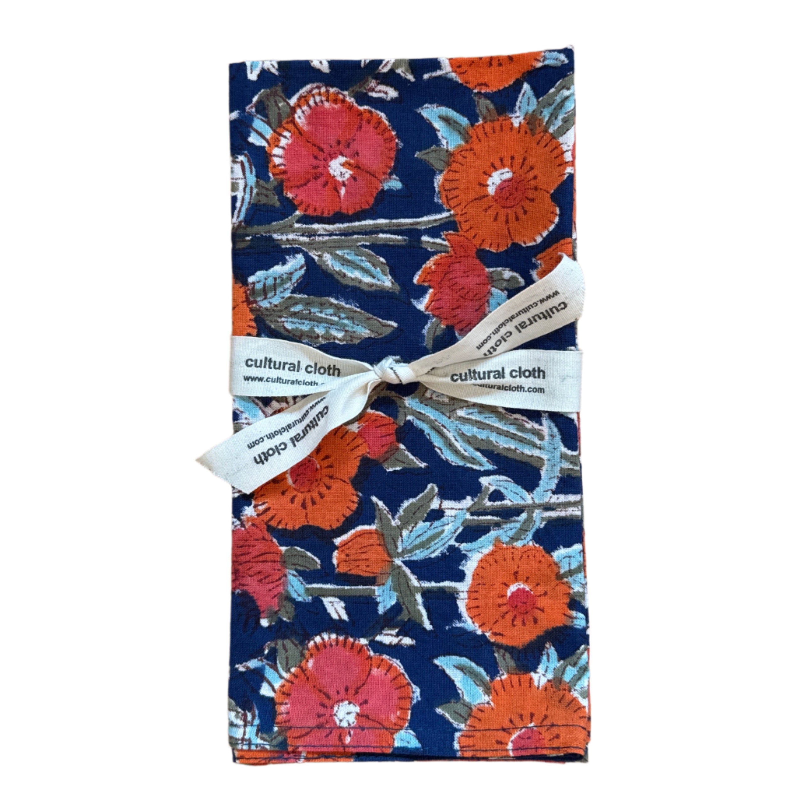 Hand Block Printed Orange Flowers Napkins India Set of 4 (18")