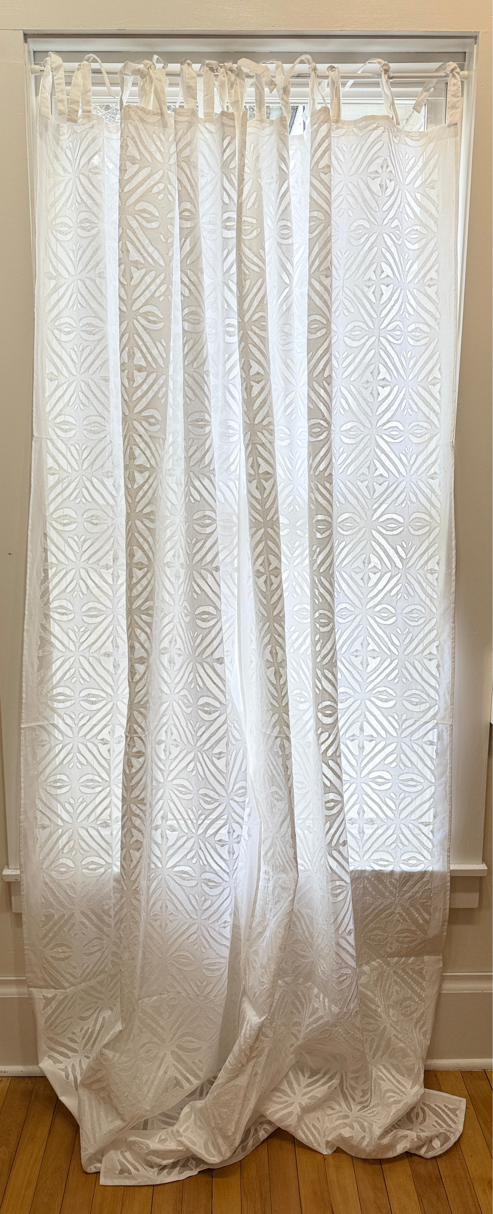 Appliqué Organza Hand Stitched White Cotton Curtain Pair India