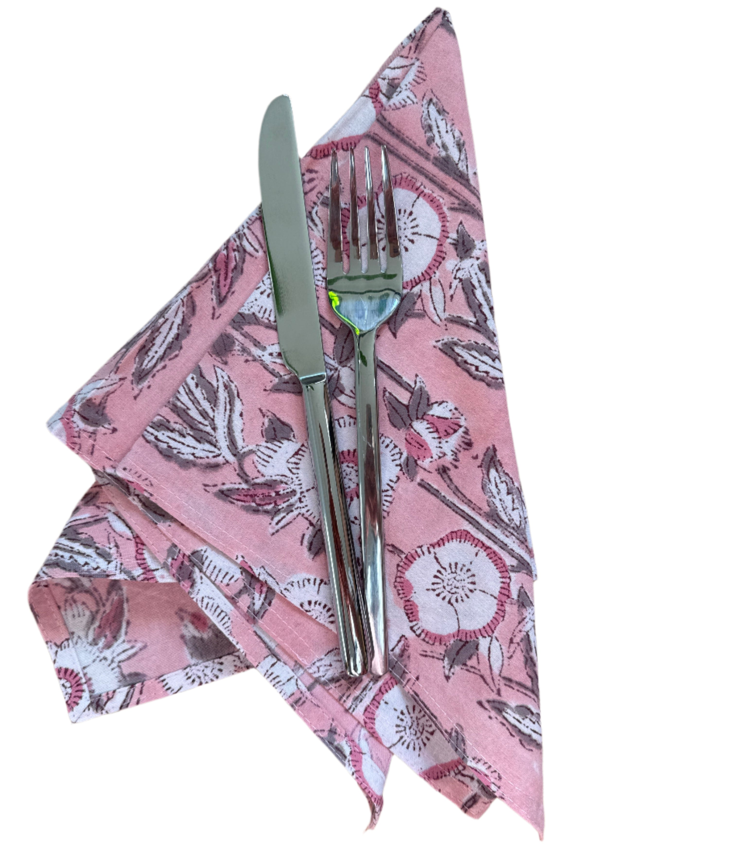 Hand Block Printed Pink Flowers Napkins India Set of 4 (18")