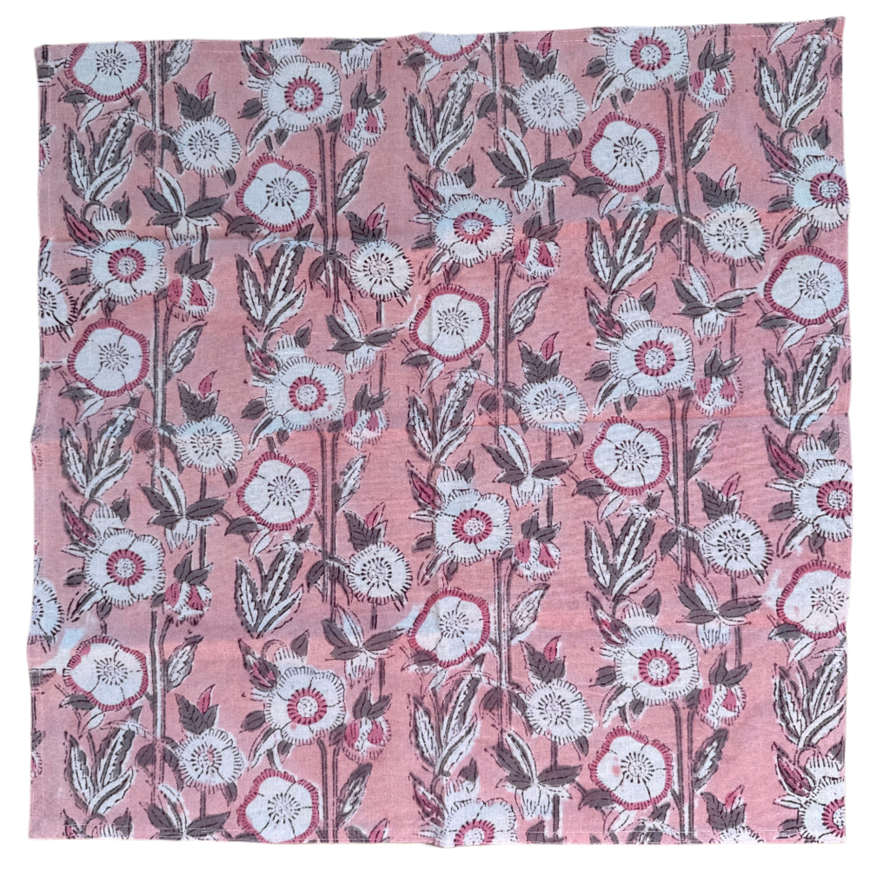 Hand Block Printed Pink Flowers Napkins India Set of 4 (18")