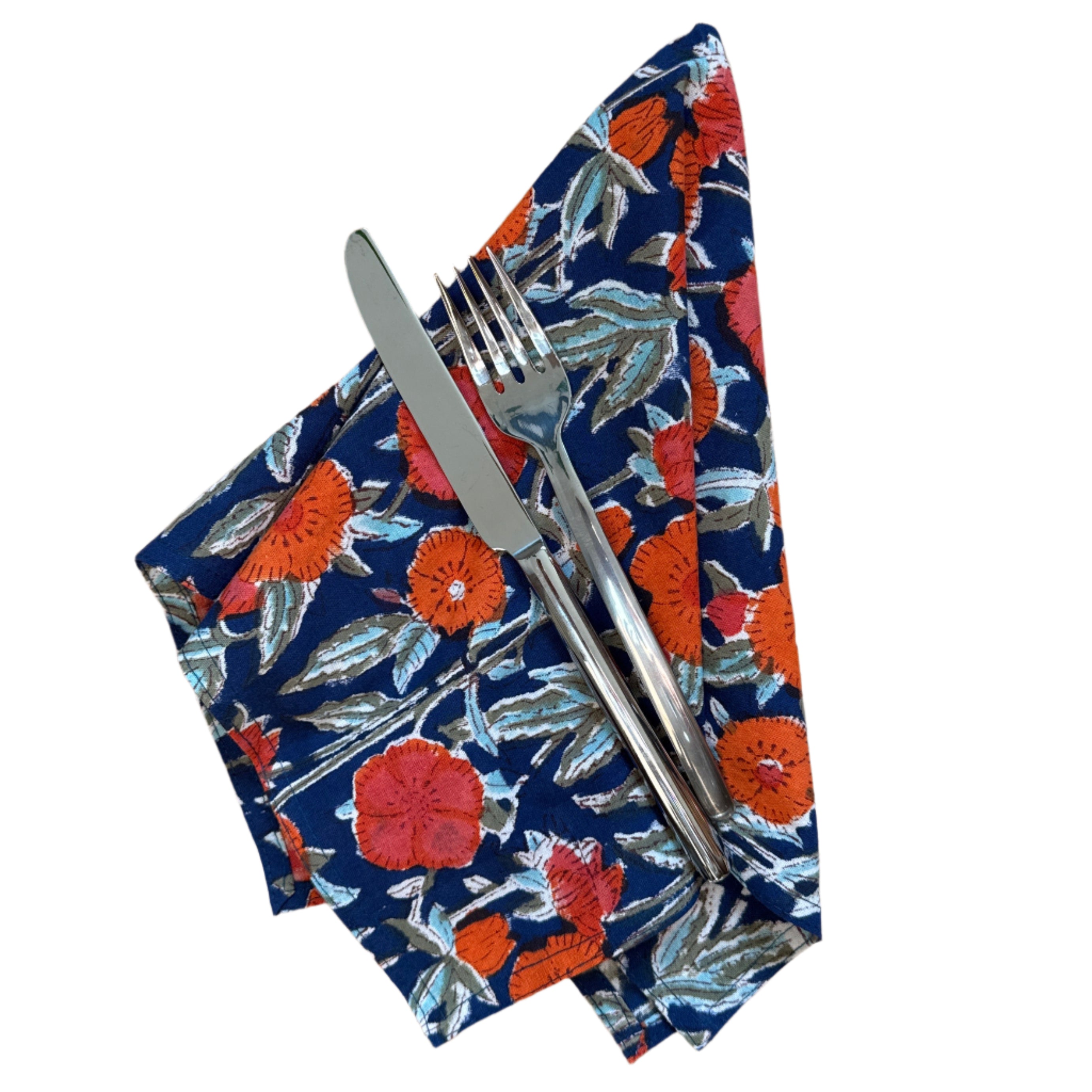 Hand Block Printed Orange Flowers Napkins India Set of 4 (18")