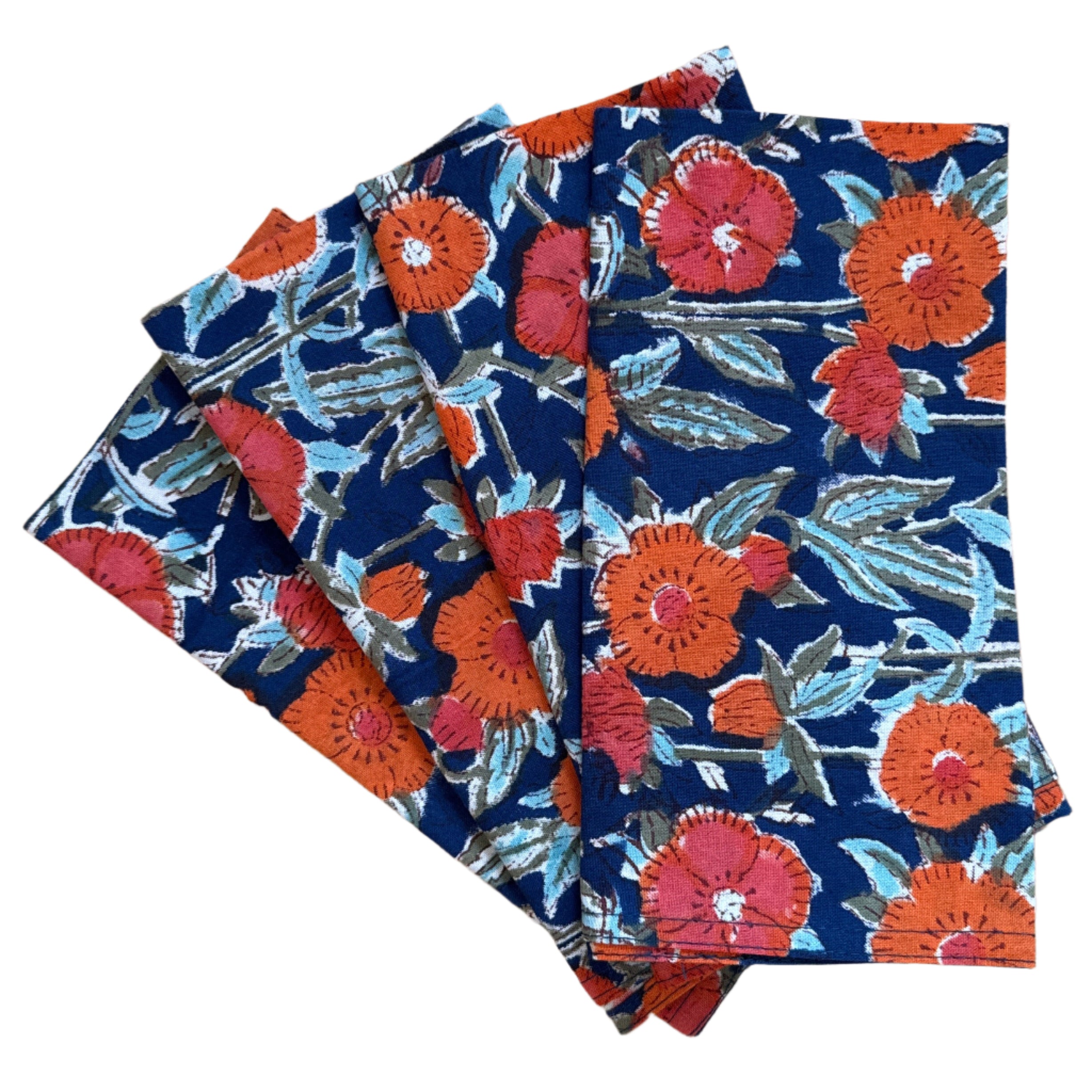 Hand Block Printed Orange Flowers Napkins India Set of 4 (18")