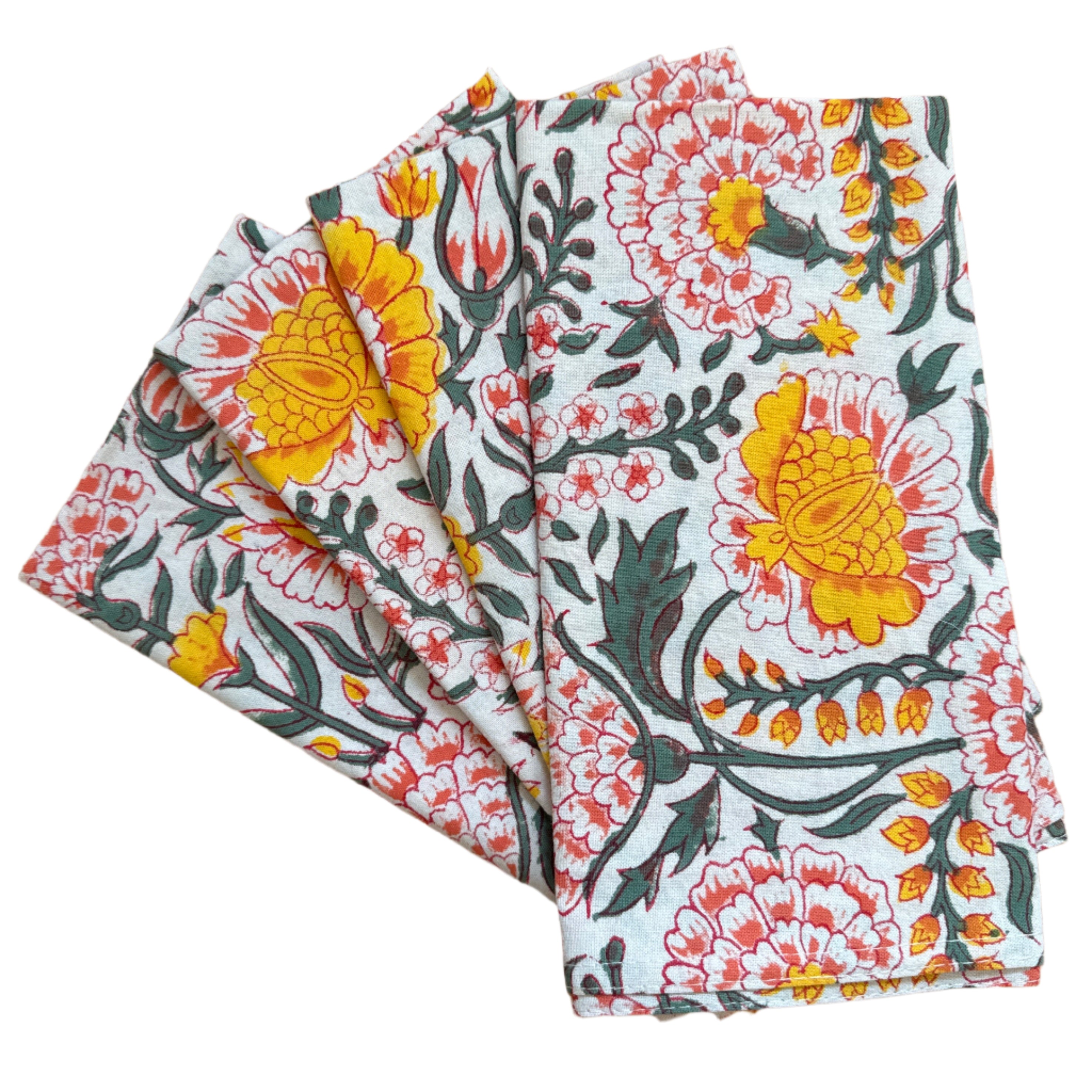 Hand Block Printed Warm Floral Napkins India Set of 4 (18")