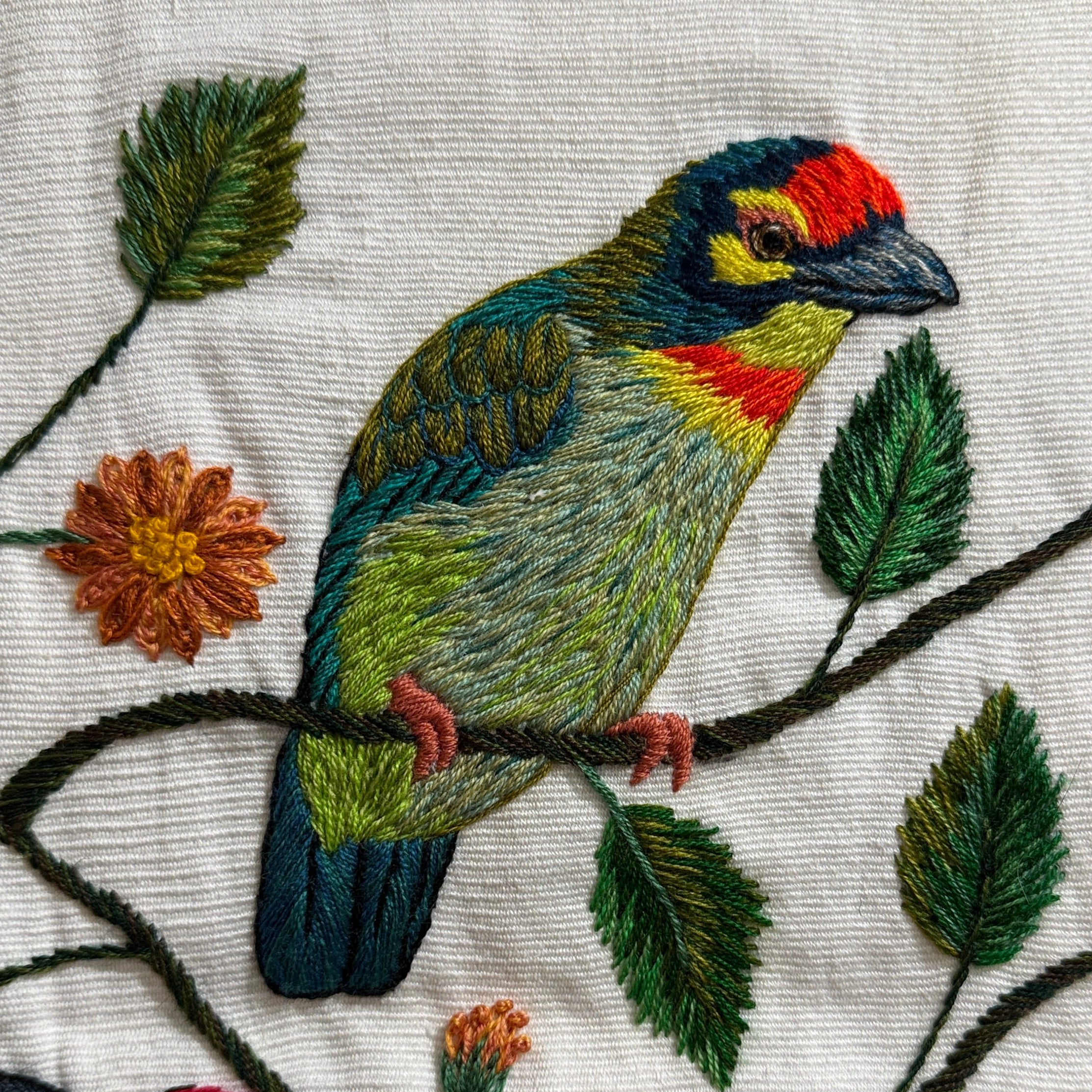 Bird Hand Embroidery on Cotton Guatemala (15" x 15")