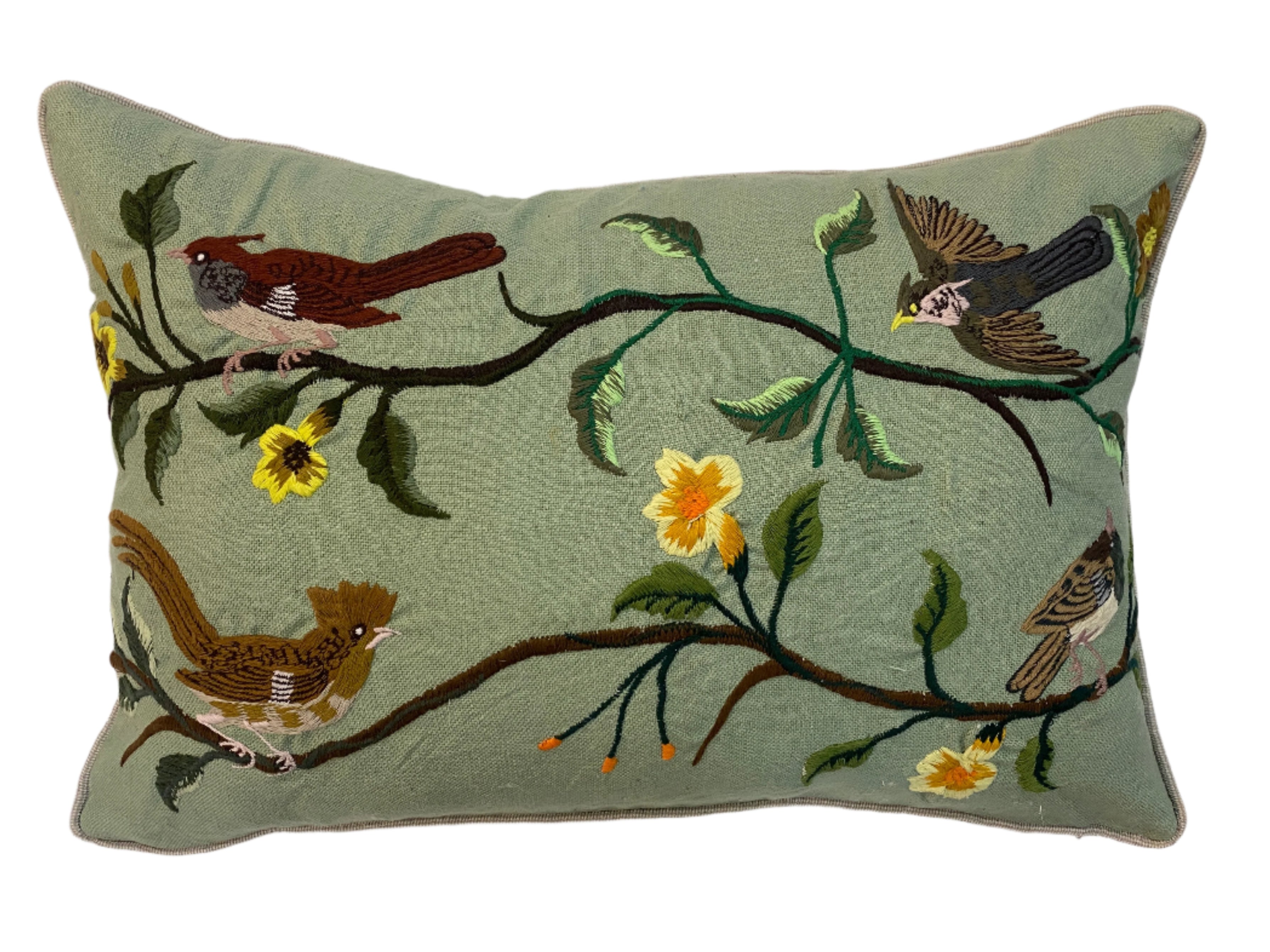 Handwoven and Hand Embroidered Bird Lumbar Pillow Sage Guatemala (12x18)