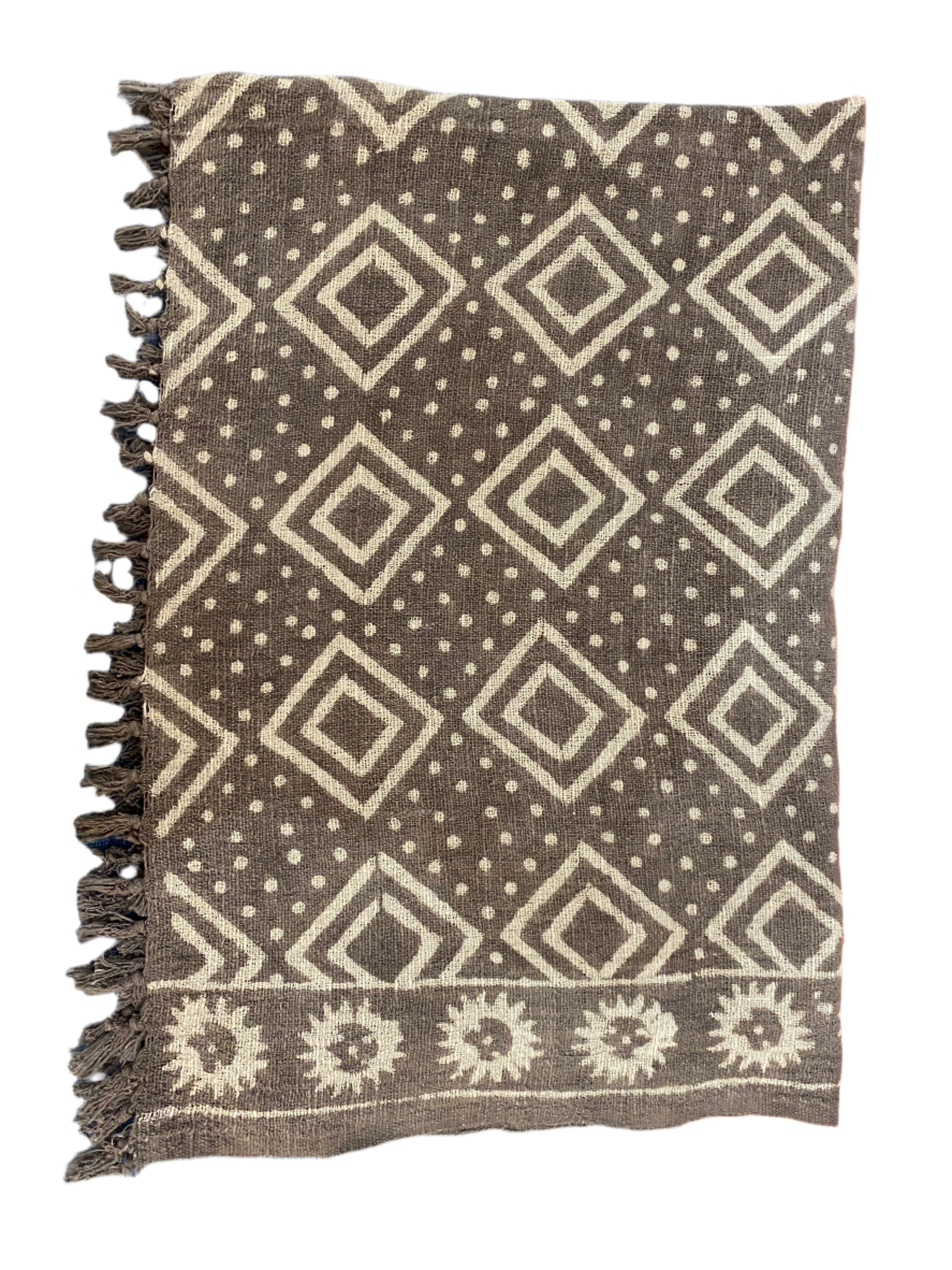 Handwoven Block Printed Organic Cotton Taupe Throw India (54" x 66")