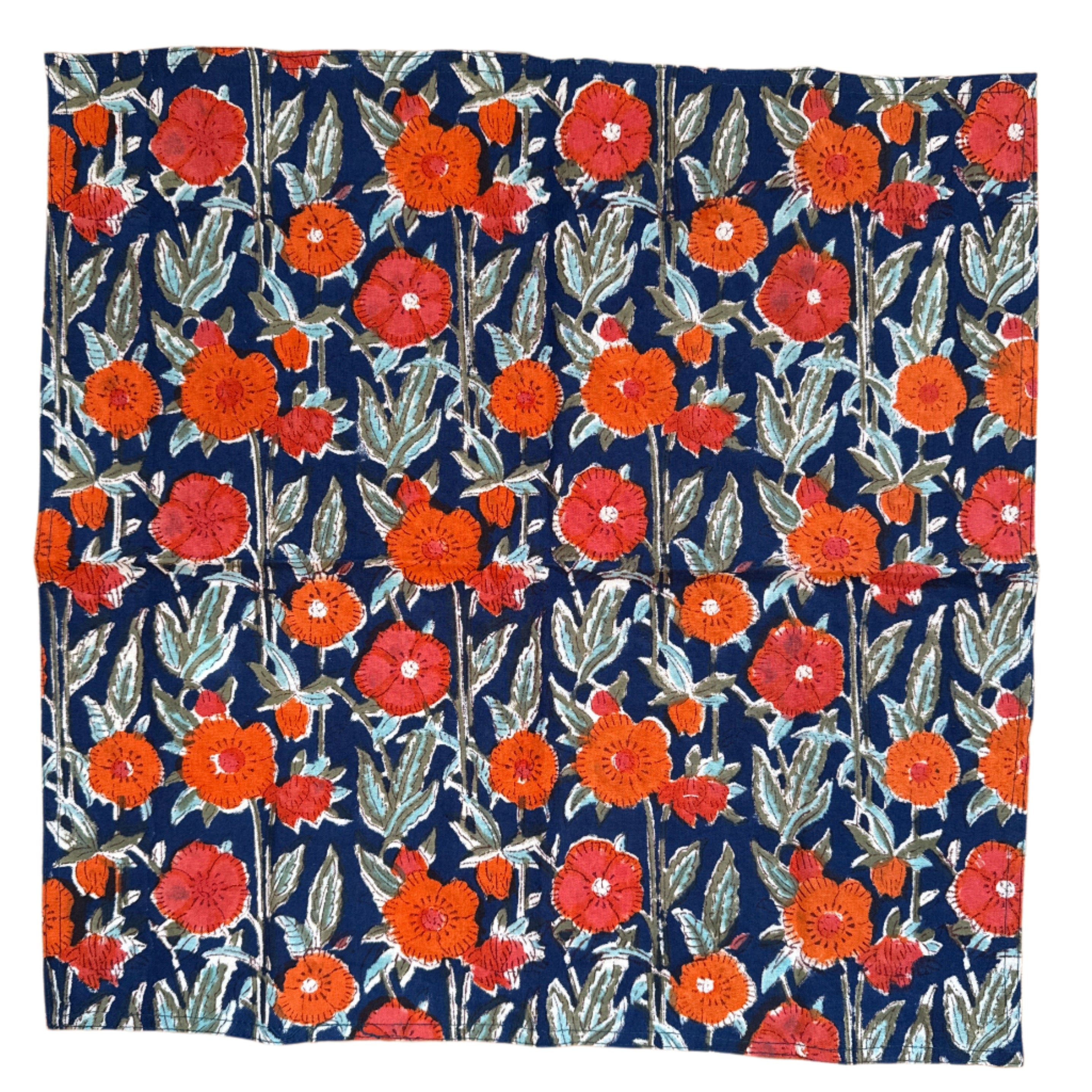 Hand Block Printed Orange Flowers Napkins India Set of 4 (18")