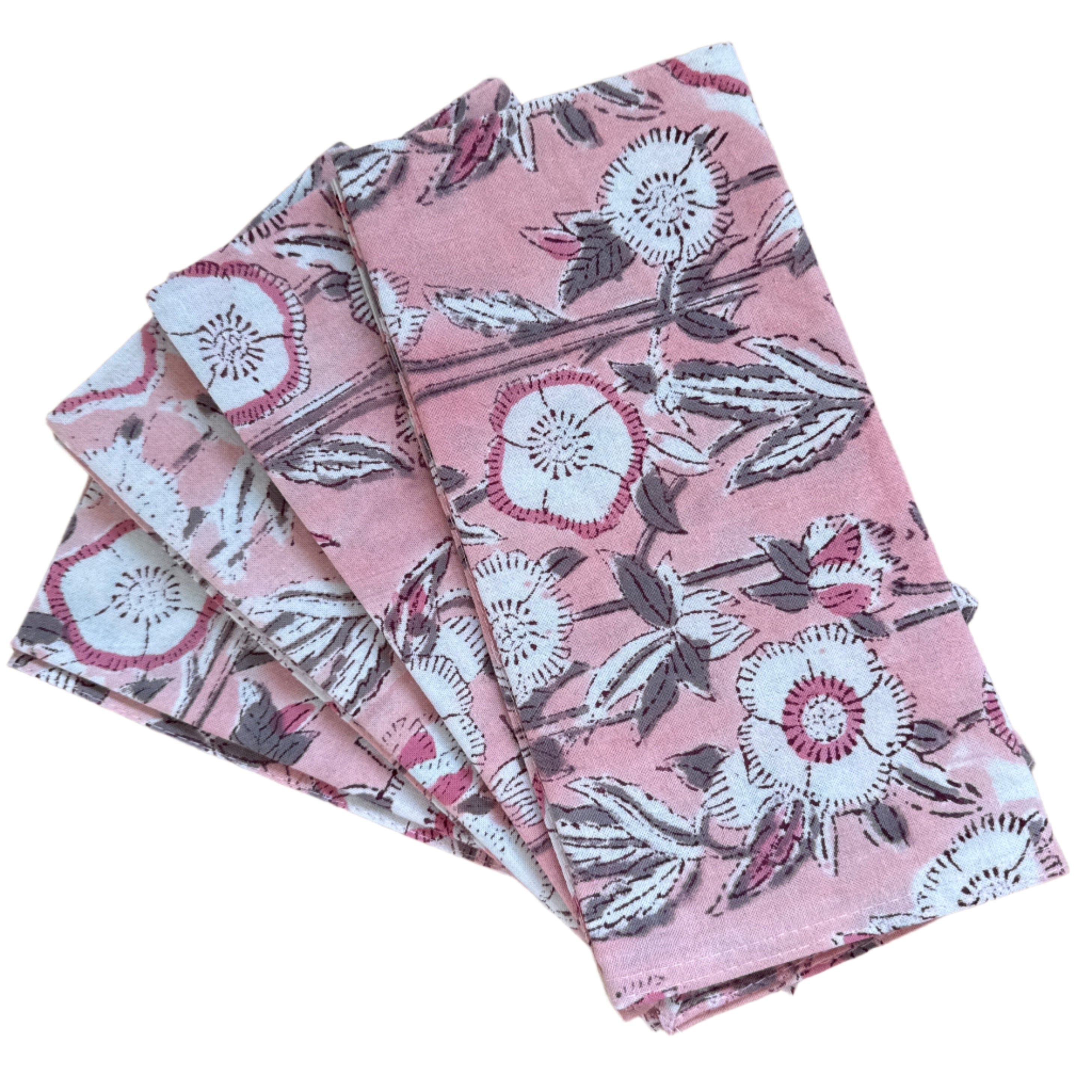 Hand Block Printed Pink Flowers Napkins India Set of 4 (18")