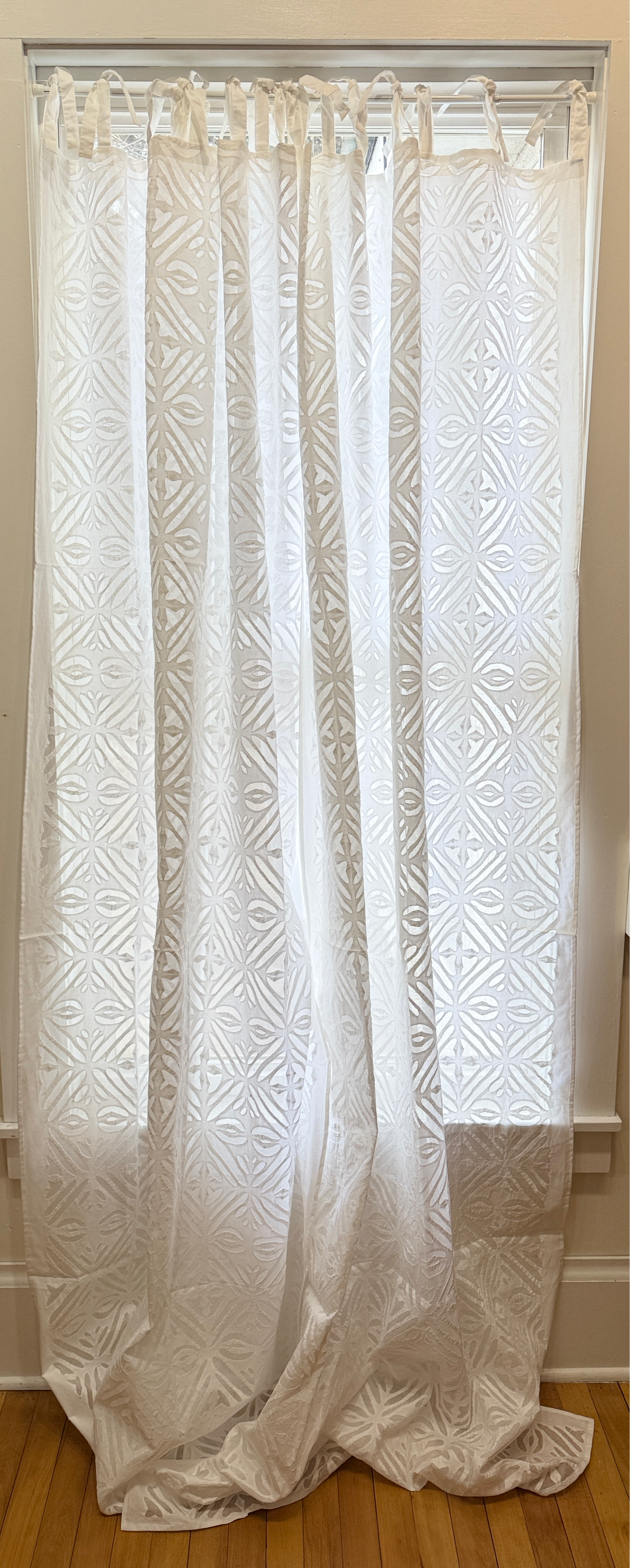 Appliqué Organza Hand Stitched White Cotton Curtain Pair India