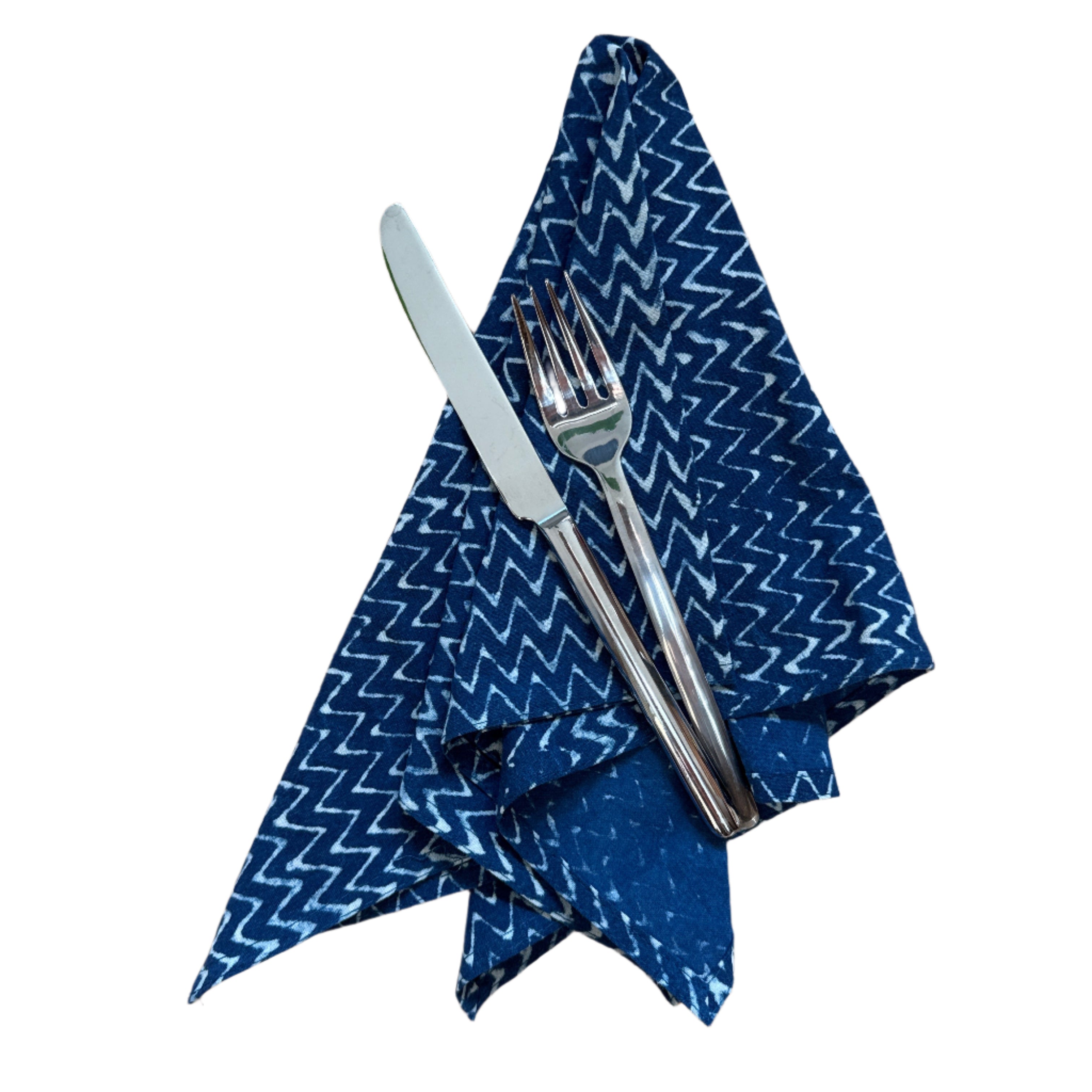 Hand Block Printed Blue Zigzag Napkins India Set of 4 (18")