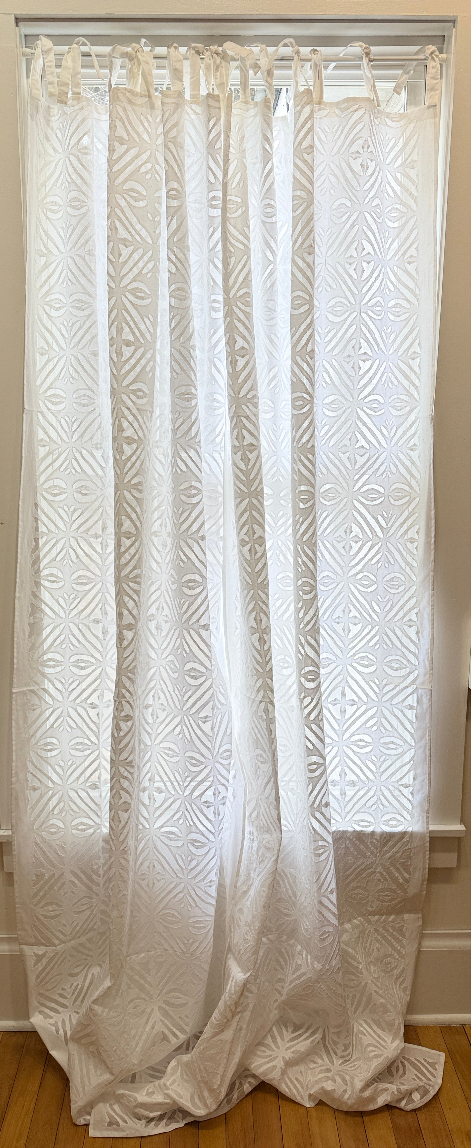 Appliqué Organza Hand Stitched White Cotton Curtain Pair India