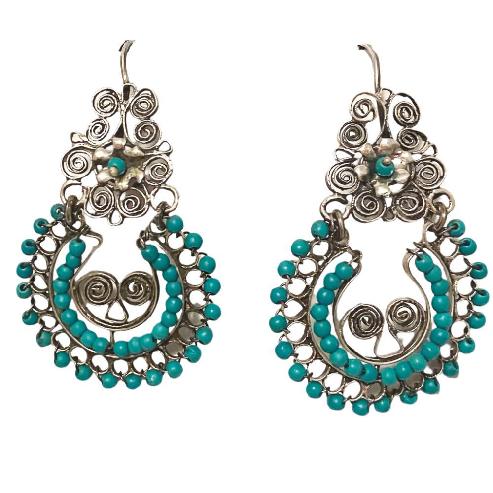 Handmade Filagree Silver Earrings with Turquoise colored  Beads Mexico