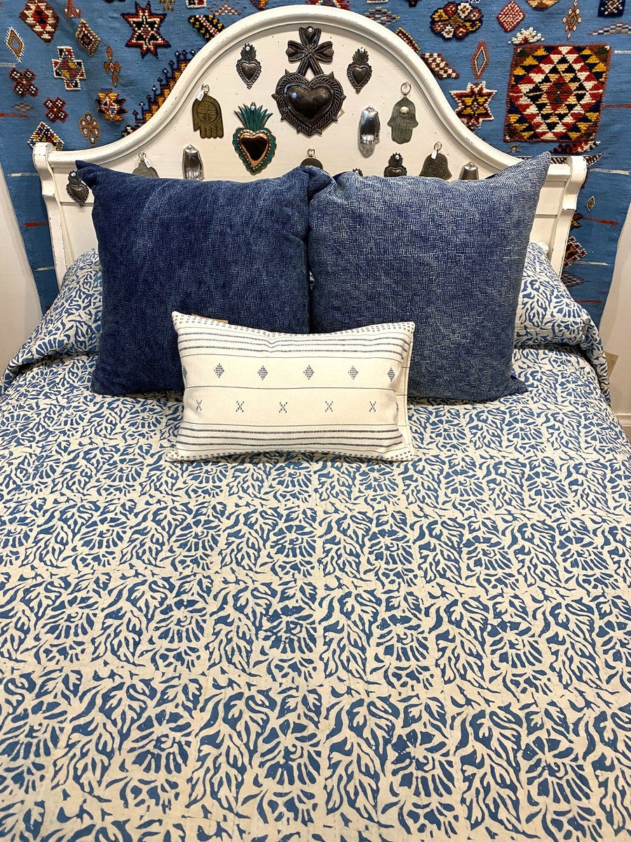 Handmade Batik Indigo Dyed Quilt King India  (108" x 104") soft indigo blue and white reverse side