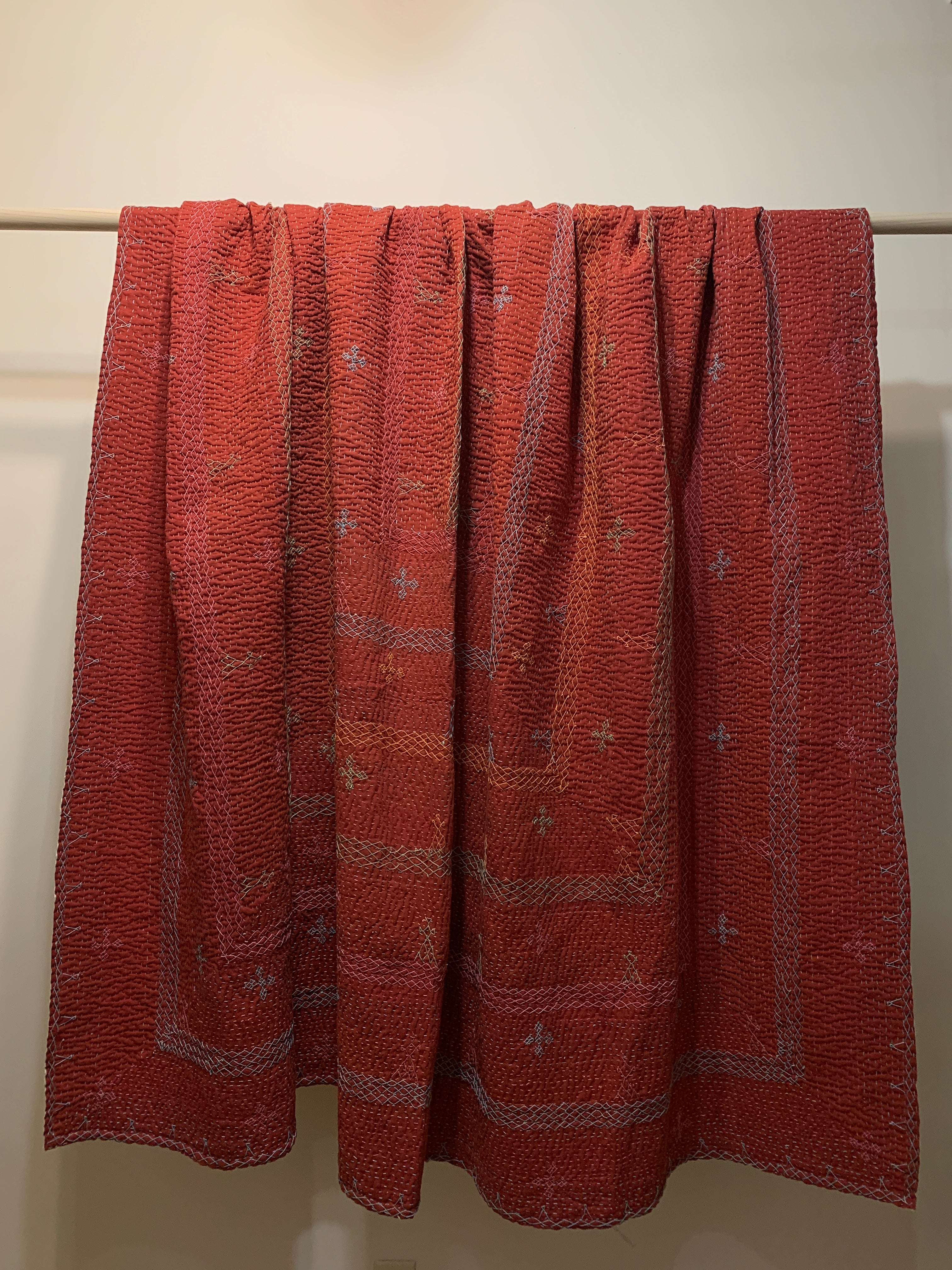 Hand Stitched Ralli Quilt Queen India - Red