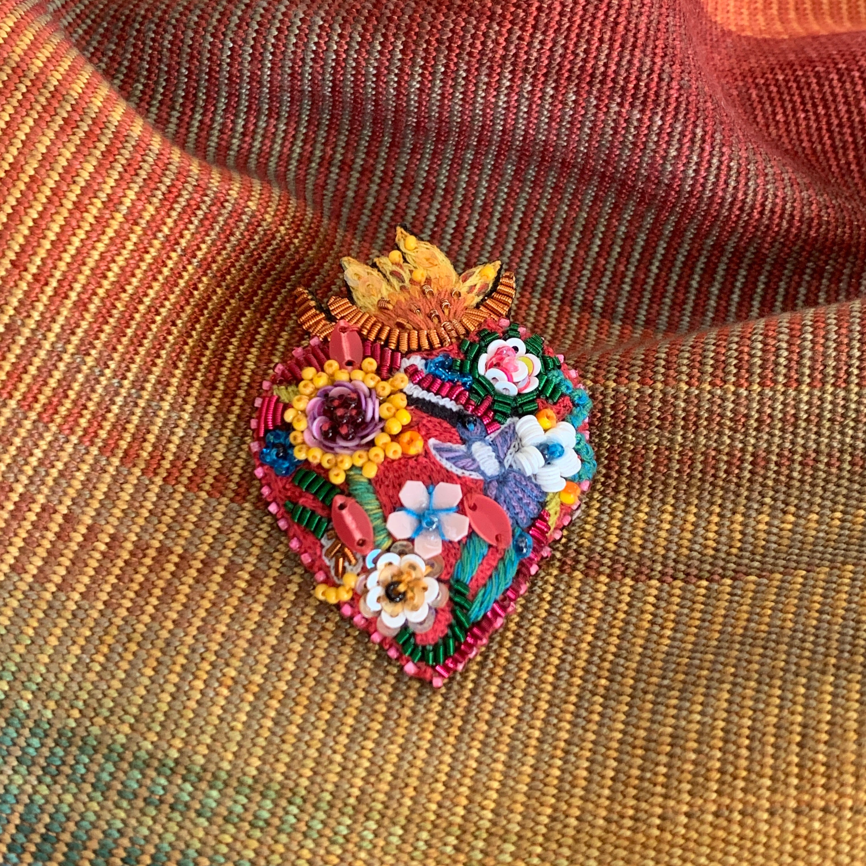 Embroidered & Beaded Brooch - Flaming Heart