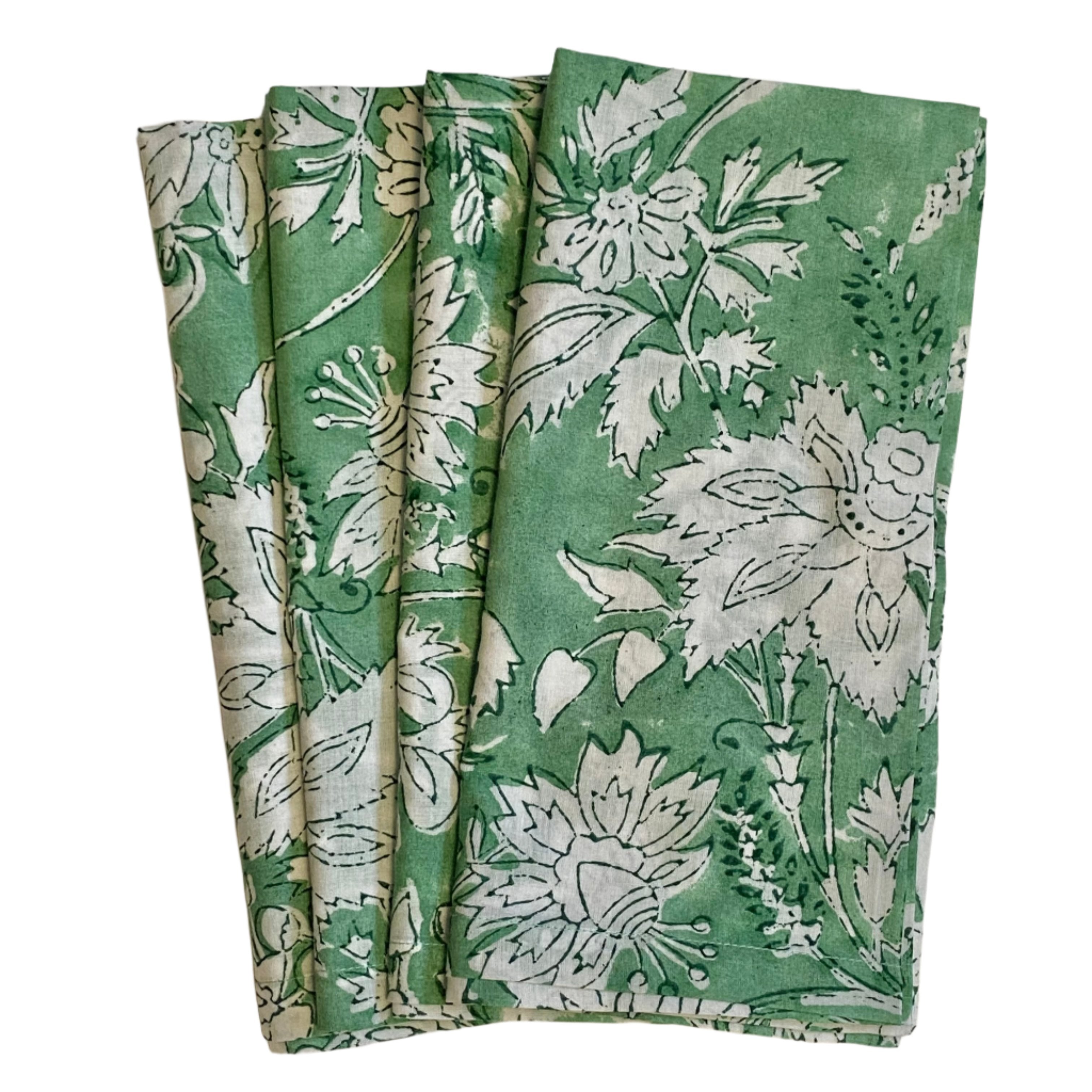 Hand Block Printed Bright Mint Floral Napkins India Set of 4 (20")