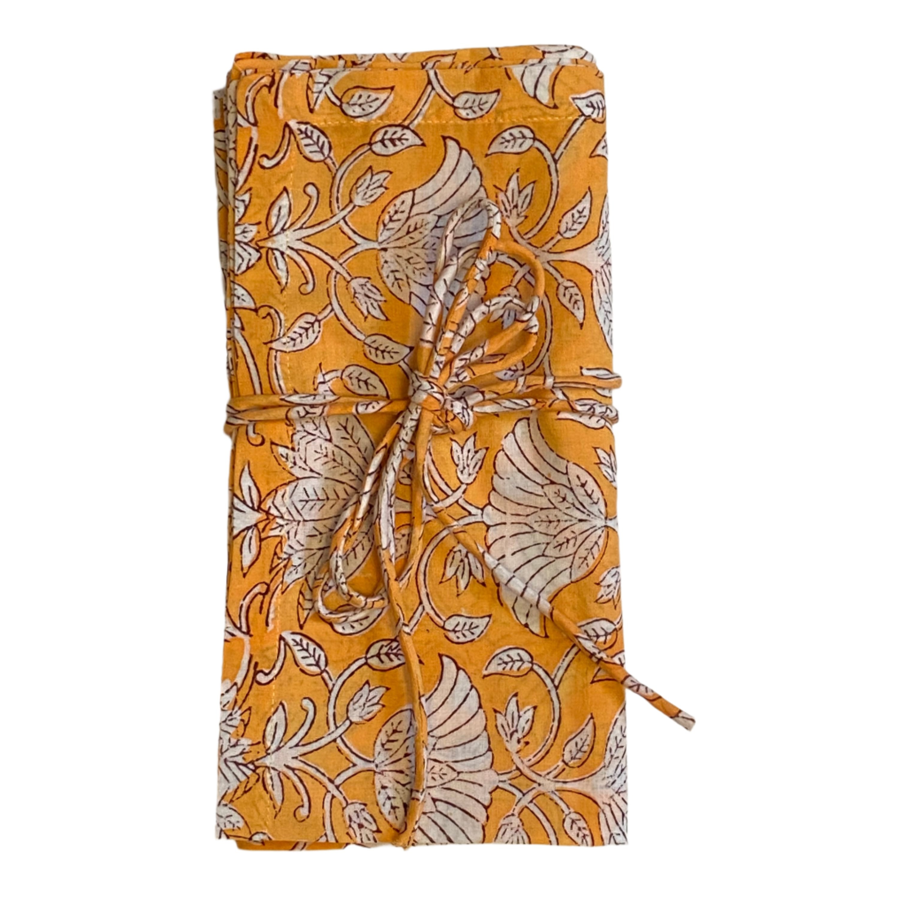 Hand Block Printed Cantaloupe Floral Napkins India Set of 4 (20")