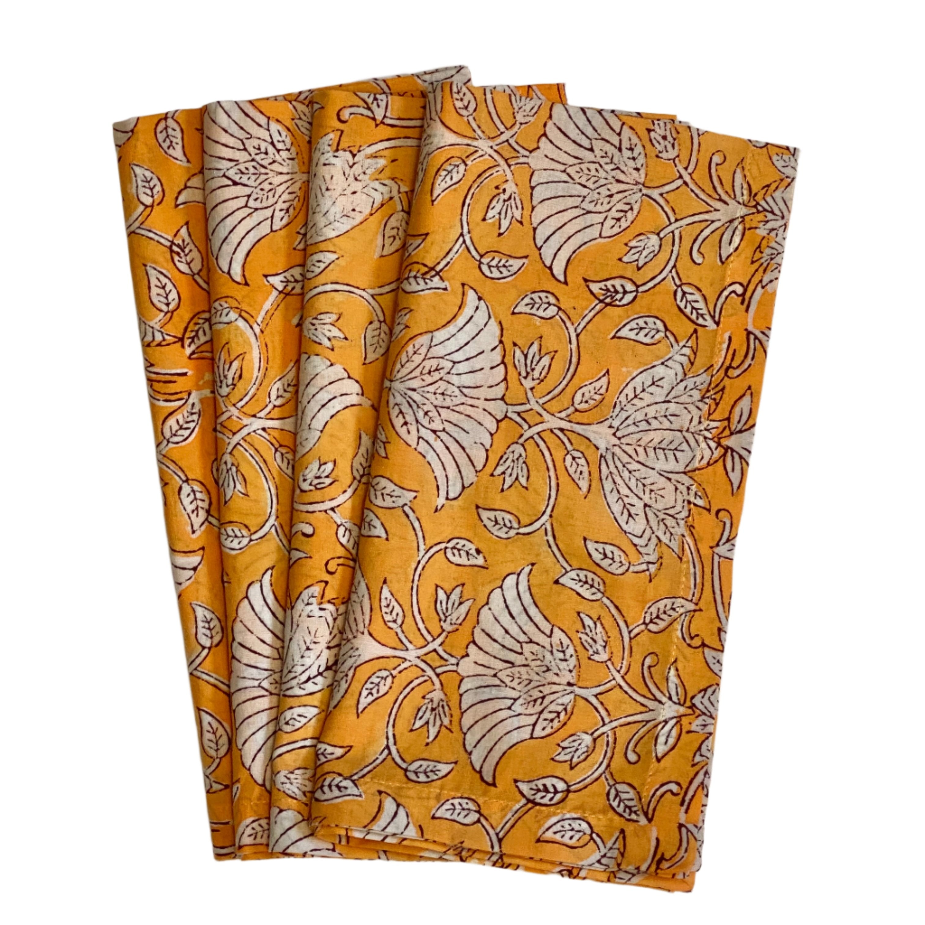 Hand Block Printed Cantaloupe Floral Napkins India Set of 4 (20")