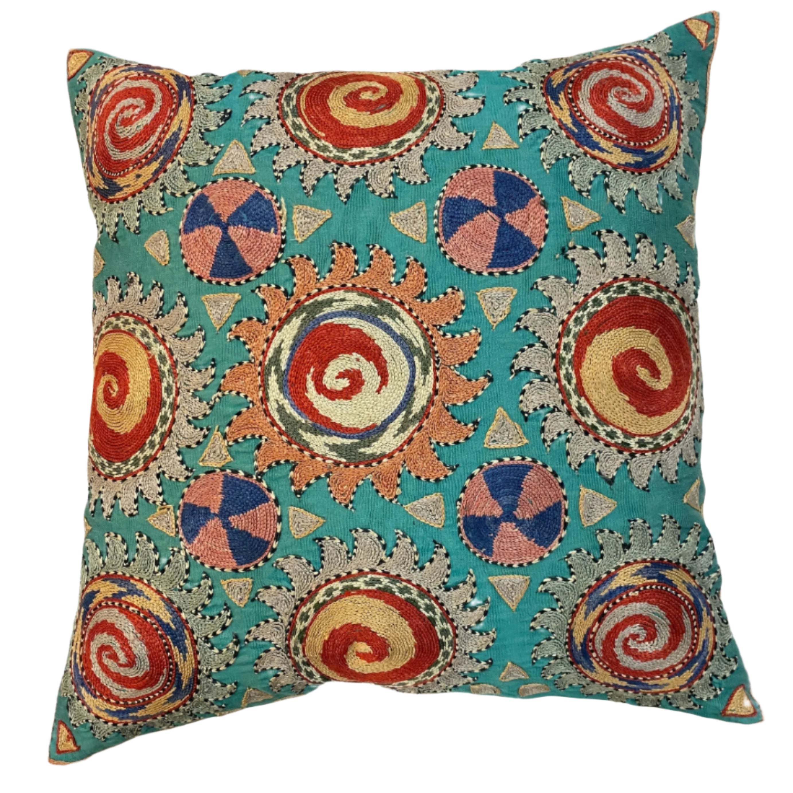 Hand Embroidered Teal Circles Silk Pillow Uzbekistan (19x19)