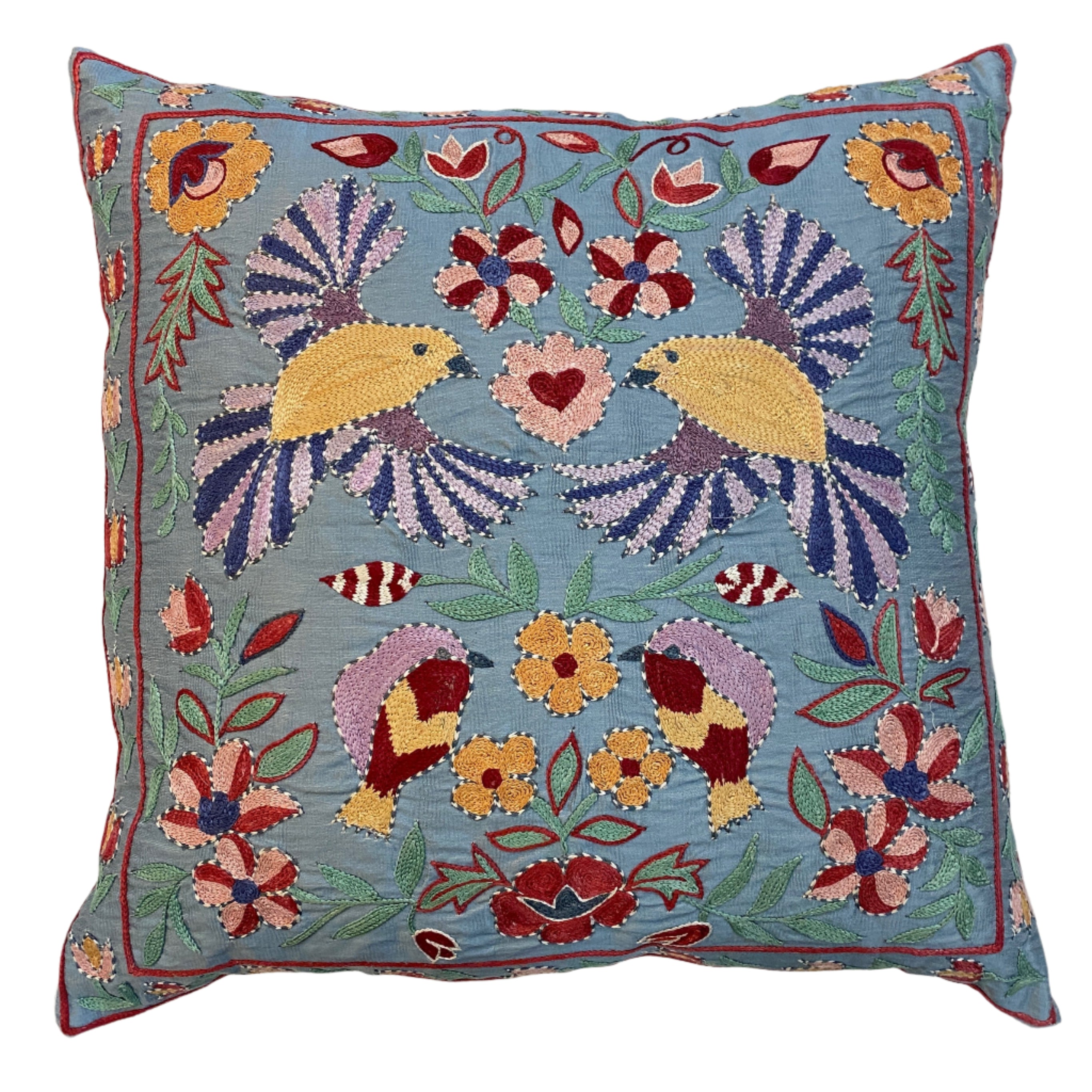 Hand Embroidered Birds  Silk Pillow Uzbekistan (19x19)