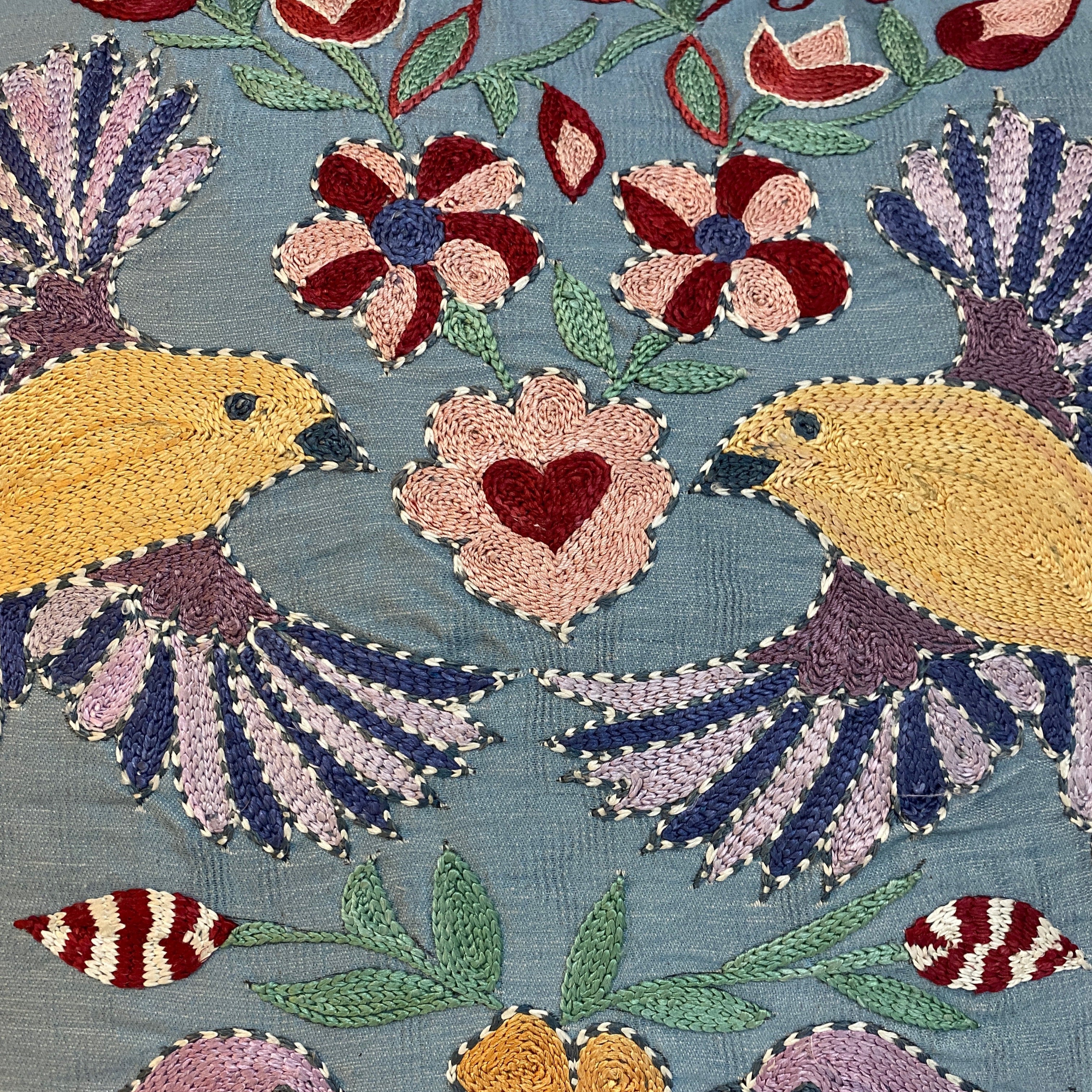 Hand Embroidered Birds  Silk Pillow Uzbekistan (19x19)