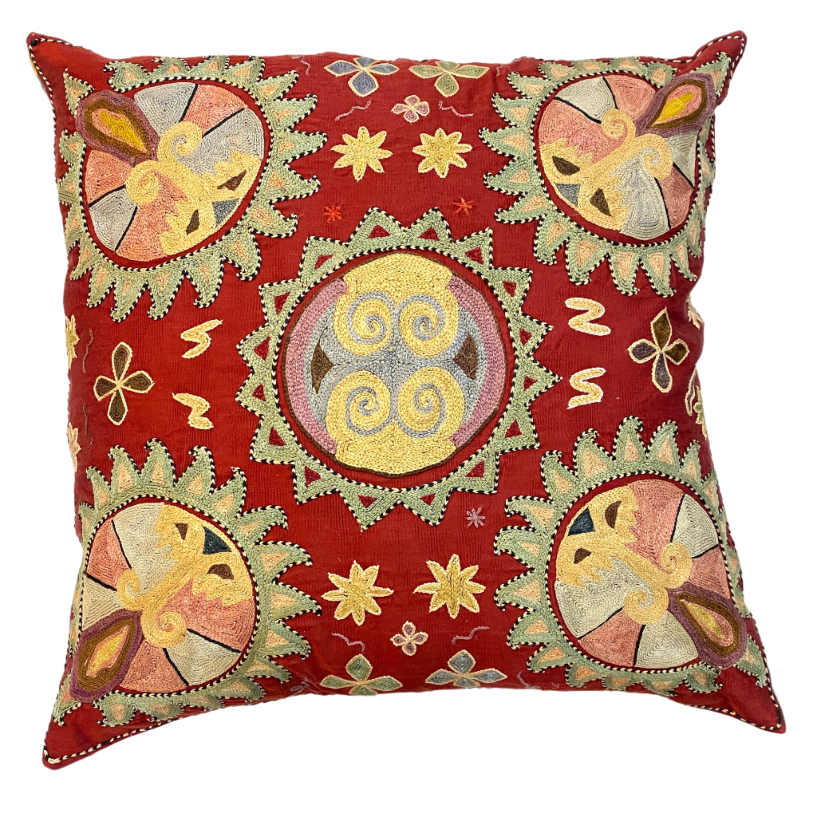 Hand Embroidered Wine Silk Pillow Uzbekistan (19x19)