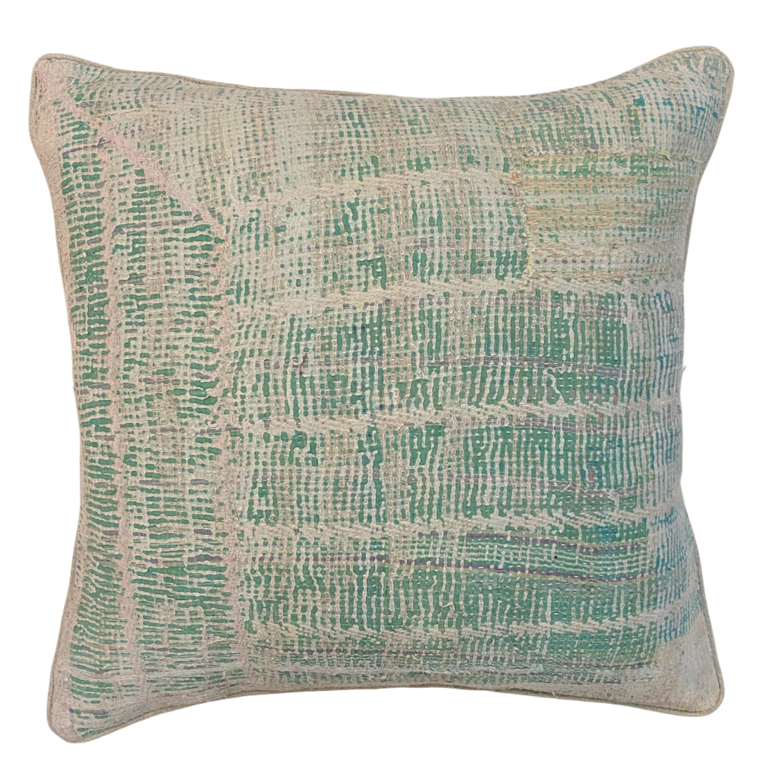 Hand Stitched Kantha Cotton Pillow Light Green India (20x20)