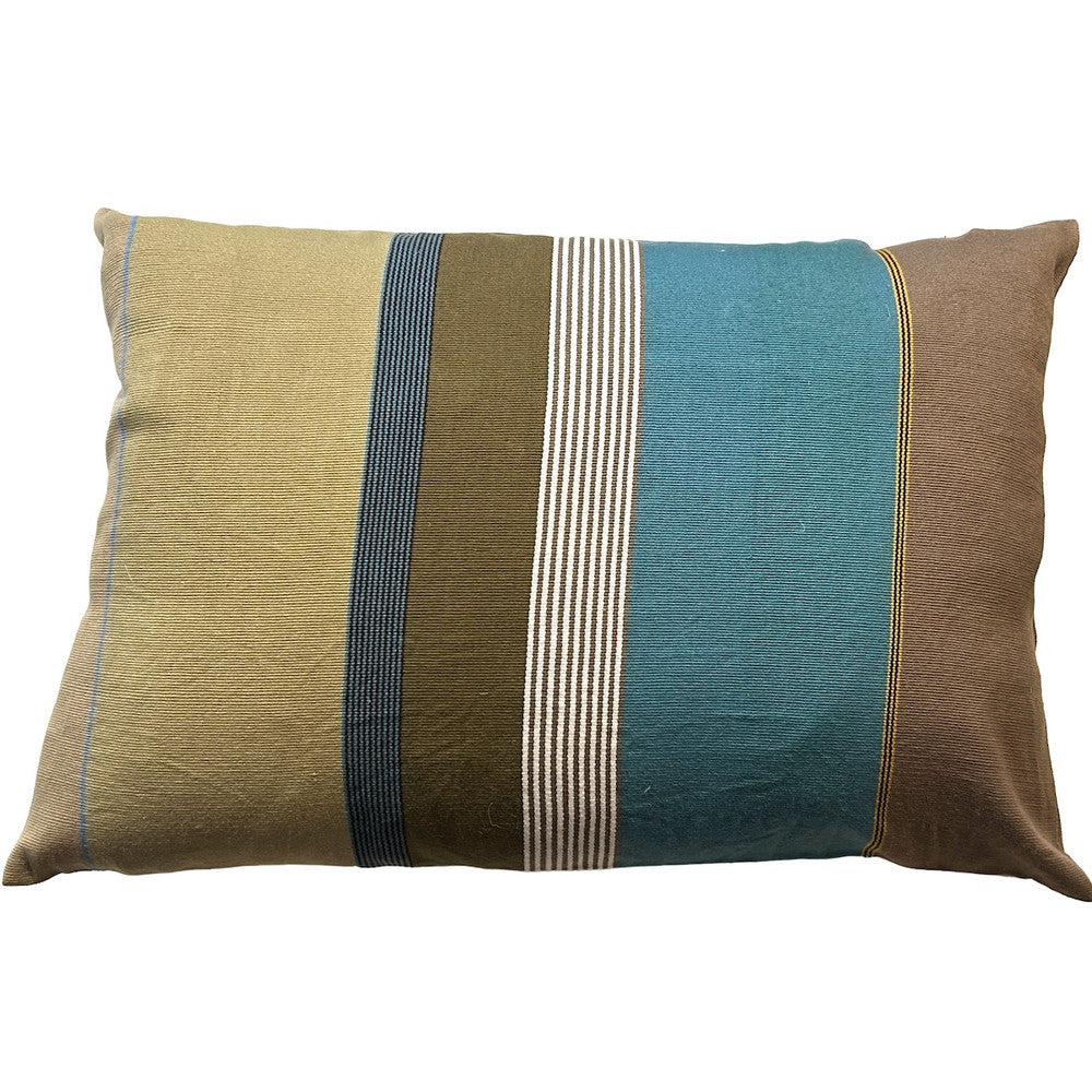 Handwoven Cotton Stripe Pillow D Mexico.  Colors: teal blue, light cocoa brown, olive, greenish cream, white, a little mustard, sky blue and black. 