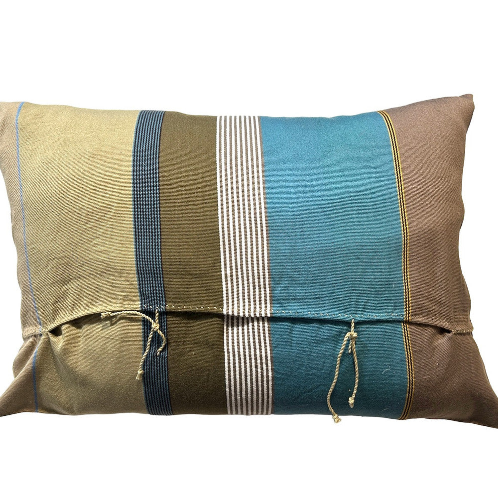 back view Handwoven Cotton Stripe Pillow D Mexico.  Colors: teal blue, light cocoa brown, olive, greenish cream, white, a little mustard, sky blue and black. 