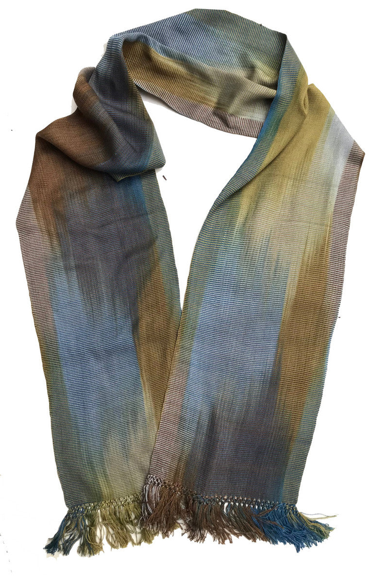 Bamboo Hand Dyed Handwoven Scarf Olive Grey Blue Guatemala  A cascade of colors from grey, dark marine blue, olive, teal, khaki and more.