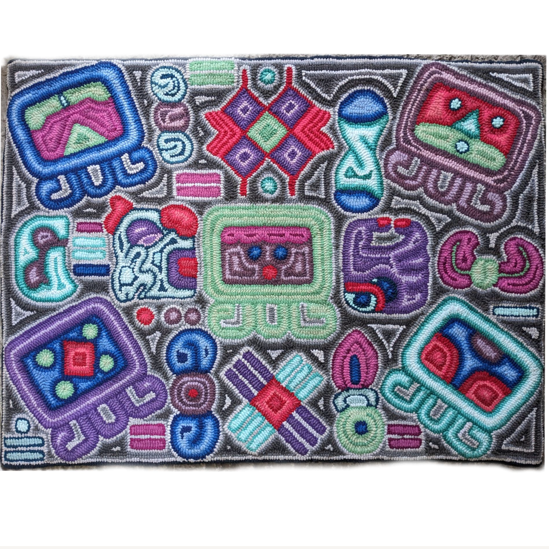 Medium Handmade Hooked Rug Recycled Clothing Guatemala - Symbols 24" x 32"