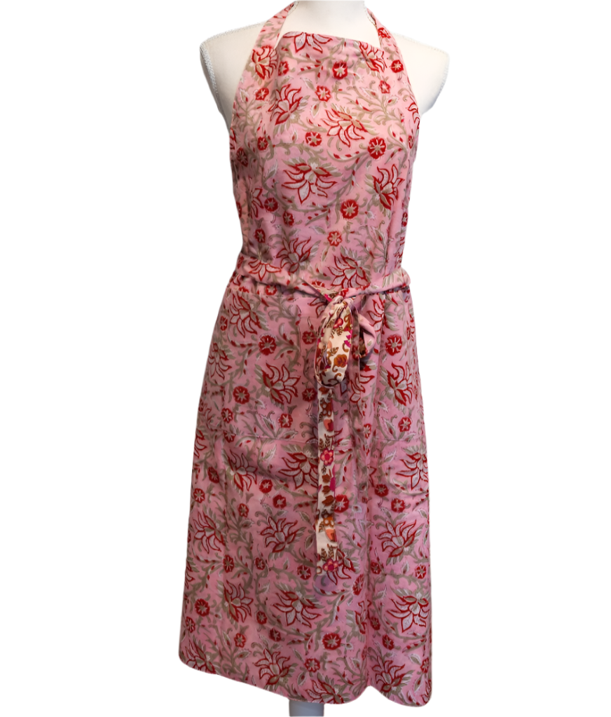 Handmade Block Printed Reversible Pink Apron India