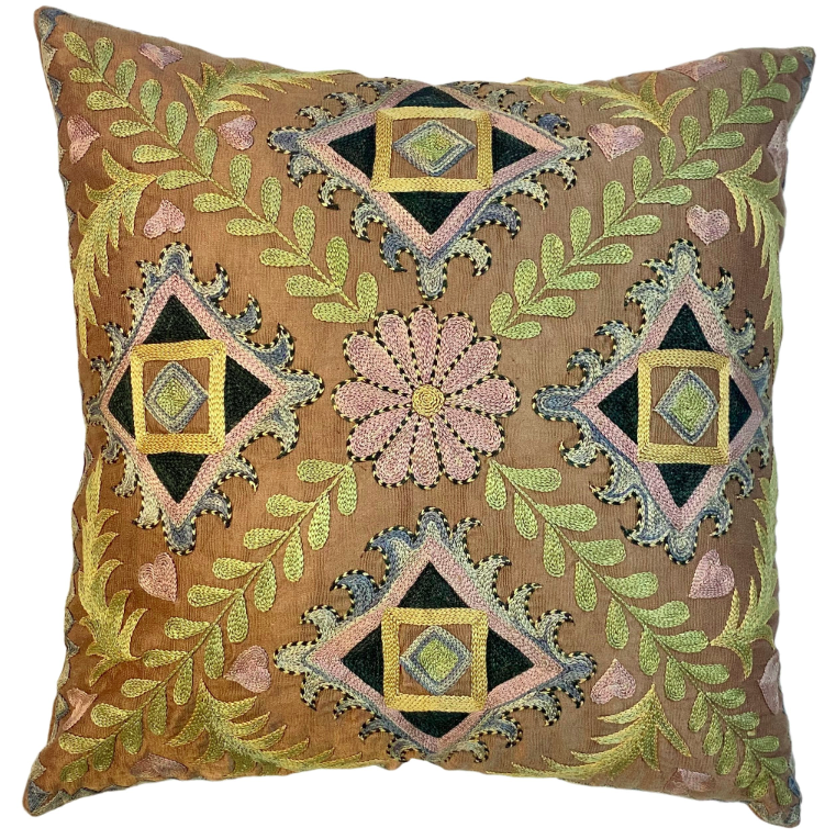 Hand Embroidered Taupe Silk Pillow Uzbekistan (19x19)